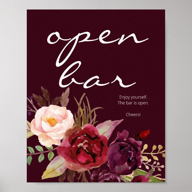 Burgundy Marsala Blommigt Open Pub Sign Burgundy Poster (Framsidan)