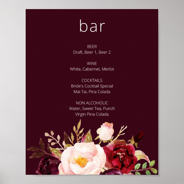 Burgundy Marsala Blommigt Pub Sign Poster (Framsidan)