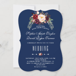 Burgundy Marsala Blommigt Royal Navy Blue Bröllop Inbjudningar