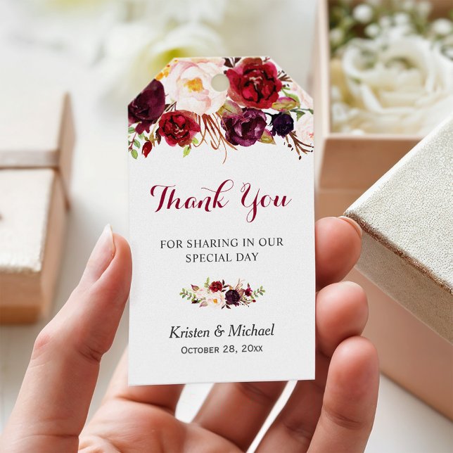 Burgundy Marsala Blommigt Wedding Favor Tack Presentetikett (Skapare uppladdad)