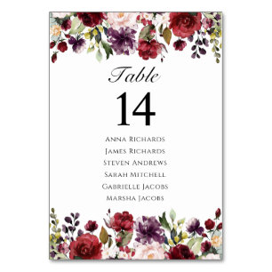 Burgundy Marsala Blommigt Wedding Reception Sittpl Bordsnummer