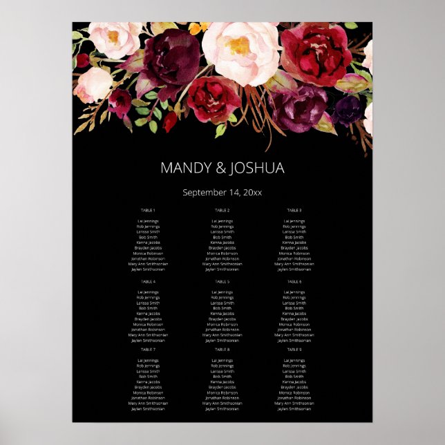 Burgundy Marsala-Blommigtens sätesdiagram - 9 svar Poster (Framsidan)