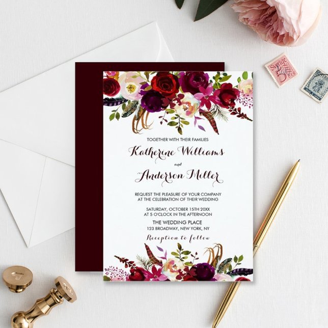 Burgundy Marsala Bohemian Blommigt Hösten Bröllop Inbjudningar (Skapare uppladdad)
