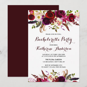Burgundy Marsala Boho Blommigt Bachelorette Party Inbjudningar