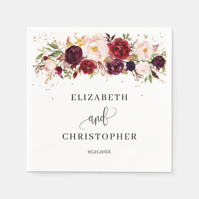 Burgundy Marsala Boho Blommigt Napkins  Red Pappersservett (Framsidan)