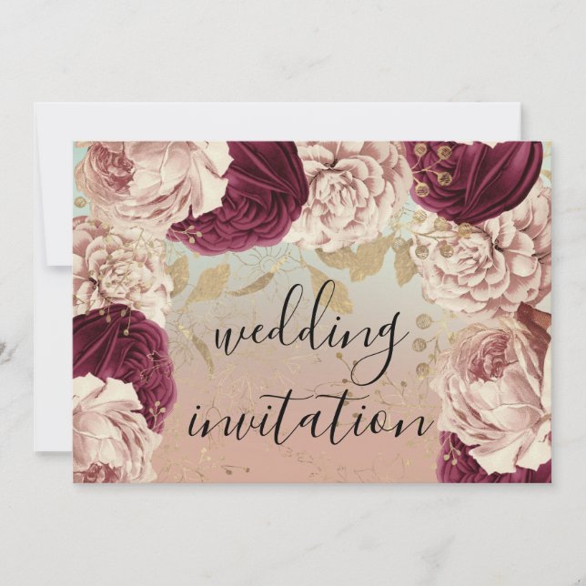 Burgundy Marsala Bröllop Ro Blue Rosor Blommigt Inbjudningar (Framsida)