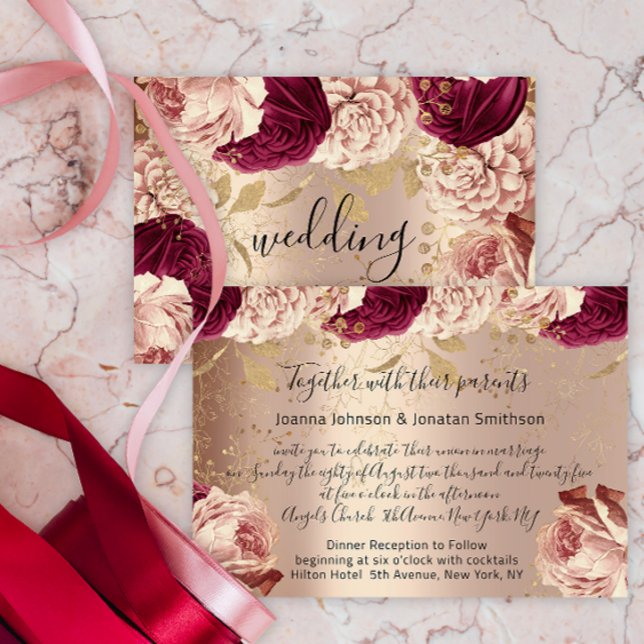 Burgundy Marsala Bröllop Ro Guld Rosor Rosa Inbjudningar (Burgundy Marsala Wedding Rose Gold Roses Pink Invitation)