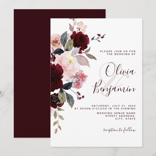 Burgundy  Marsala Elegant Blommigt Bröllop Inbjudningar (Fram/baksida)