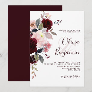 Burgundy Marsala Elegant Blommigt Bröllop Inbjudningar