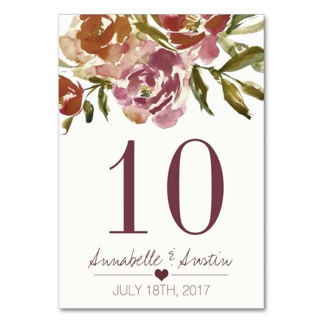 Burgundy Marsala Fall Blommigt Bröllop Bord Card Bordsnummer (Framsidan)