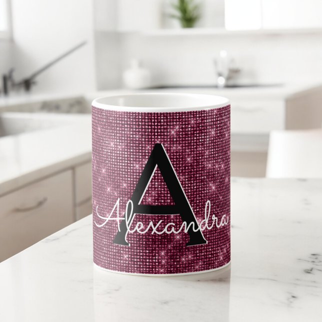 Burgundy Marsala Gnistra Monogram Namn & Initial Kaffemugg (Skapare uppladdad)