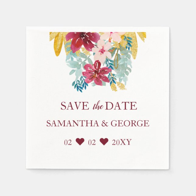 Burgundy Marsala Guld Blommigt Botaniska Bröllop Pappersservett (Framsidan)