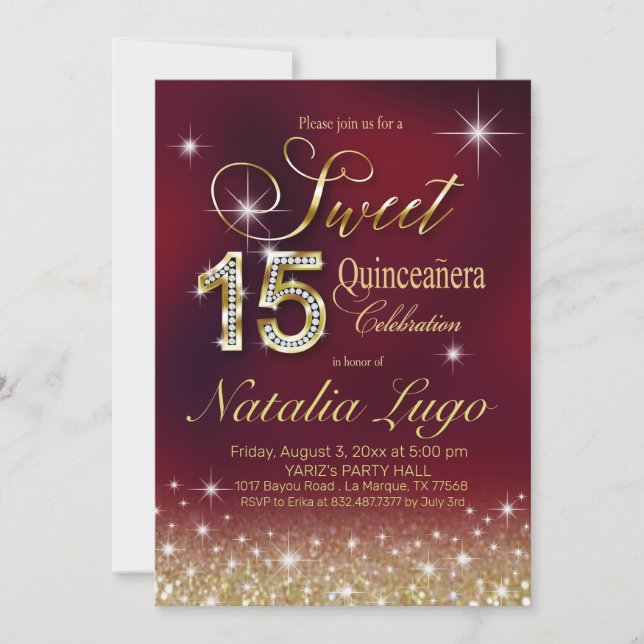 Burgundy Marsala Guld Glitter Sweet 15 Quinceanera Inbjudningar (Framsida)
