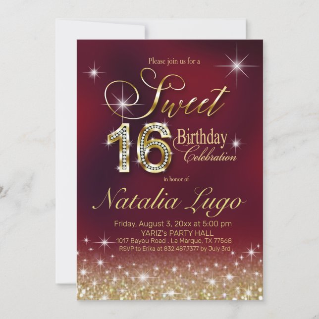 Burgundy Marsala Guld Glitter Sweet 16 Birthday Inbjudningar (Framsida)