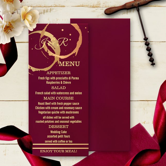 Burgundy Marsala Guld Vin Stain Menu Meny (Elegant modern menu card featuring a burgundy marsala design with gold printed wine stains.)