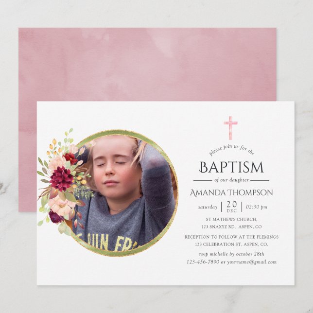 Burgundy-Marsala och  baptism eller Christening Inbjudningar (Fram/baksida)