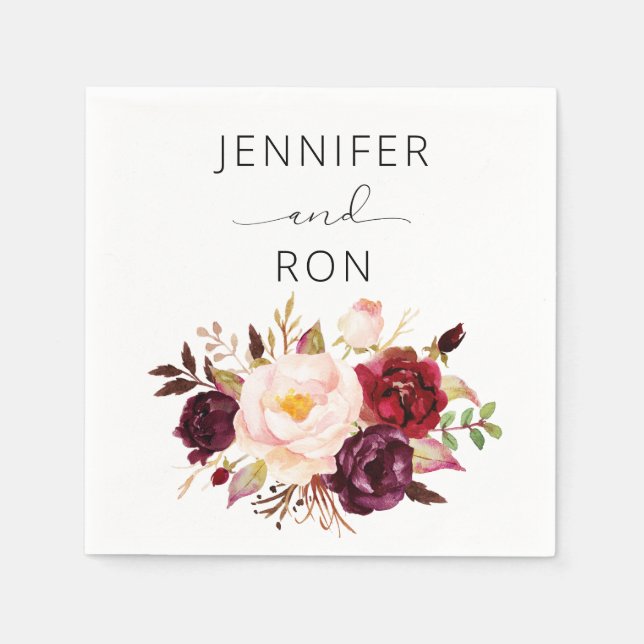 Burgundy Marsala och  Blommigt - White Pappersservett (Framsidan)