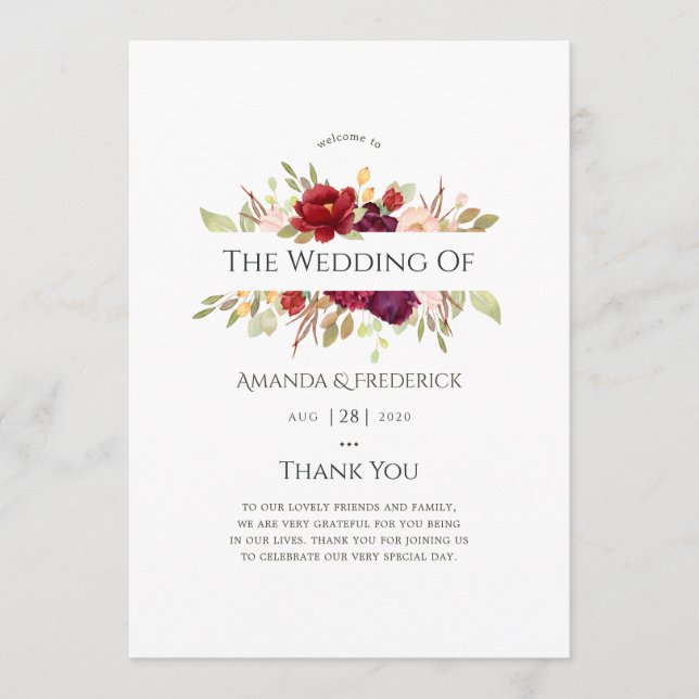 Burgundy - Marsala och  Blommigten Bröllop Program (Framsida)