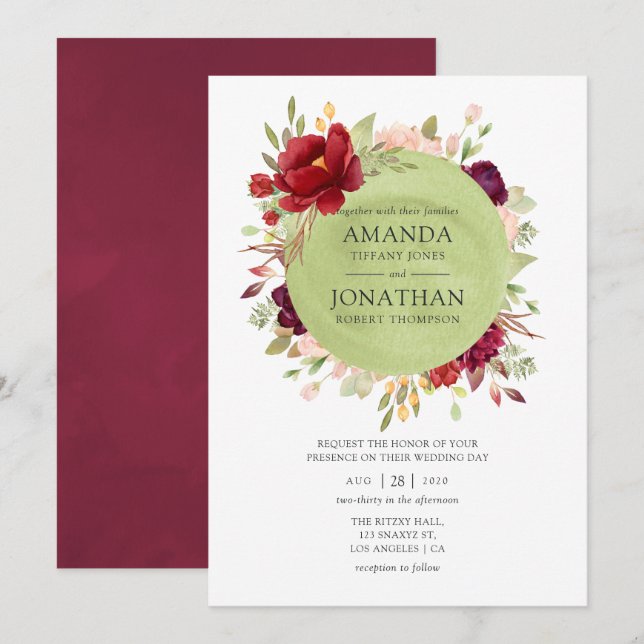Burgundy - Marsala och Blush Blommig Bröllop Inbjudningar (Fram/baksida)
