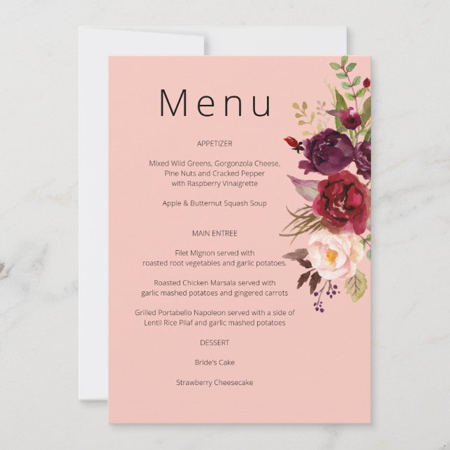 Burgundy Marsala och Blush Blommig Meny - Rosa 2 I Inbjudningar (Framsida)