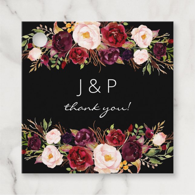 Burgundy Marsala och Blush Floral - Svart Gåvor Etiketter (Framsida)