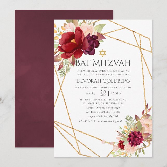 Burgundy-Marsala och Blush Geometrisk Bat Mitzvah Inbjudningar (Fram/baksida)
