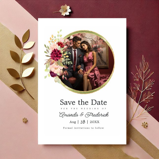 Burgundy-Marsala,  och Guld Blommigt Geometric Spara Datumet (Burgundy-Marsala, Blush and Gold Floral Geometric Save The Date)