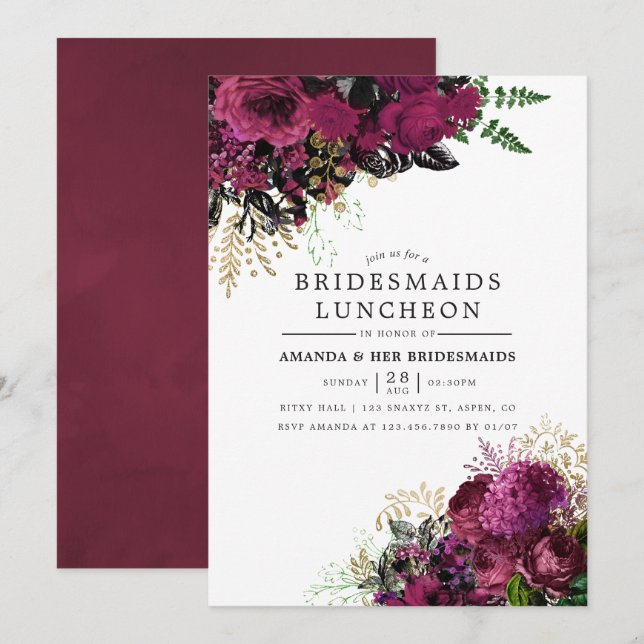 Burgundy - Marsala och guld Brudtärnor Lunchen Inbjudningar (Fram/baksida)
