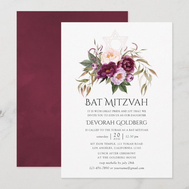 Burgundy - Marsala och Persiska Bat mitzvah Inbjudningar (Fram/baksida)