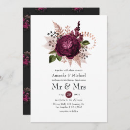 Burgundy - Marsala och Ro Guld Blommigt Bröllop Inbjudningar