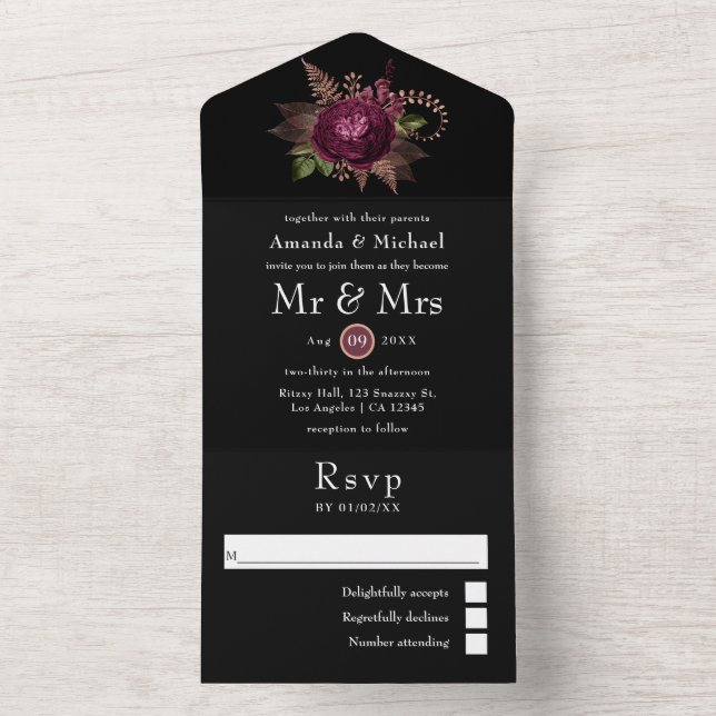 Burgundy - Marsala och Rose Gold Blommig Bröllops  (Insida)