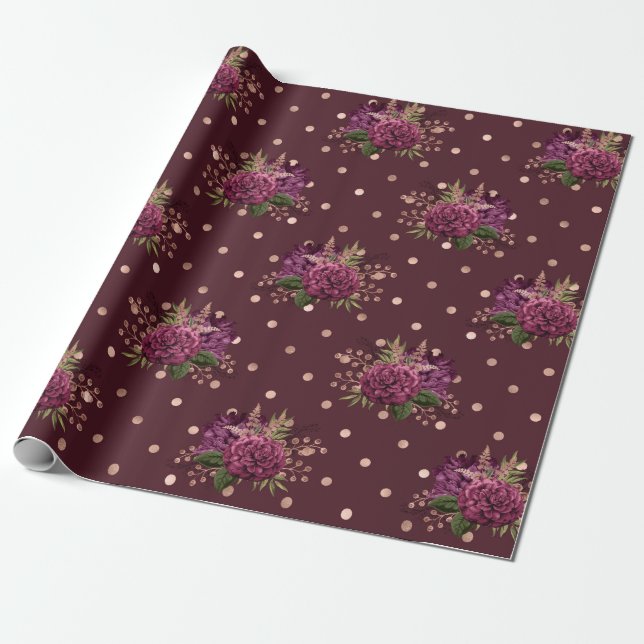 Burgundy - Marsala och Rose Gold Blommig Presentpapper (Utrullad)