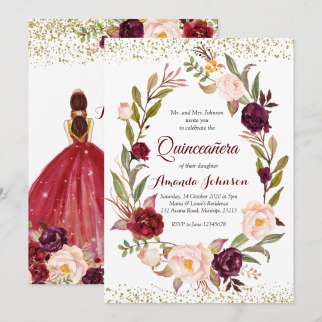 Burgundy Marsala Princess Quinceañera Spanska Inbjudningar (Fram/baksida)