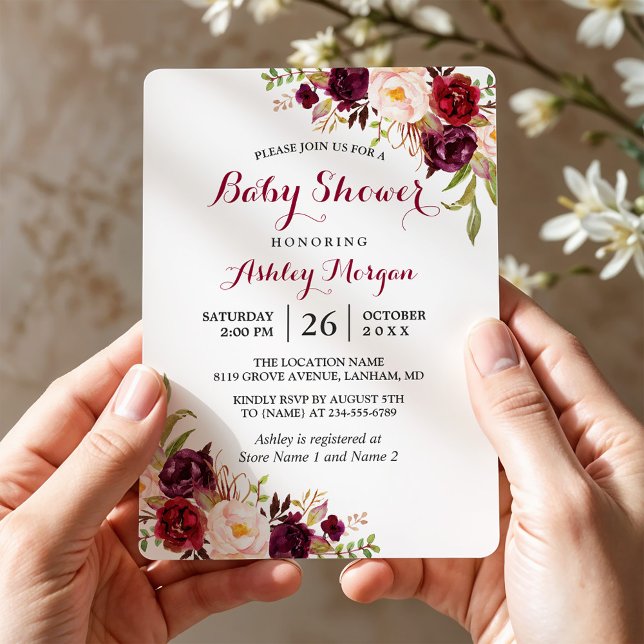 Burgundy Marsala Red Blommigt Boho Baby Shower Inbjudningar (Skapare uppladdad)