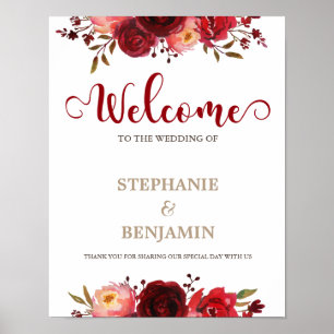 Burgundy Marsala Red Blommigt Välkomstskylt Bröllo Poster