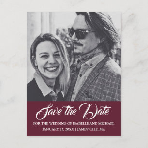 Burgundy Marsala Red Photo Save Date Postcard Meddelande Vykort