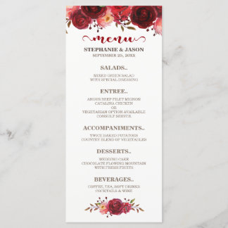 Burgundy Marsala Röd ros Blommigt Bröllop Menu Meny