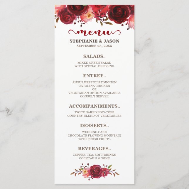 Burgundy Marsala Röd ros Blommigt Bröllop Menu Meny (Framsida)