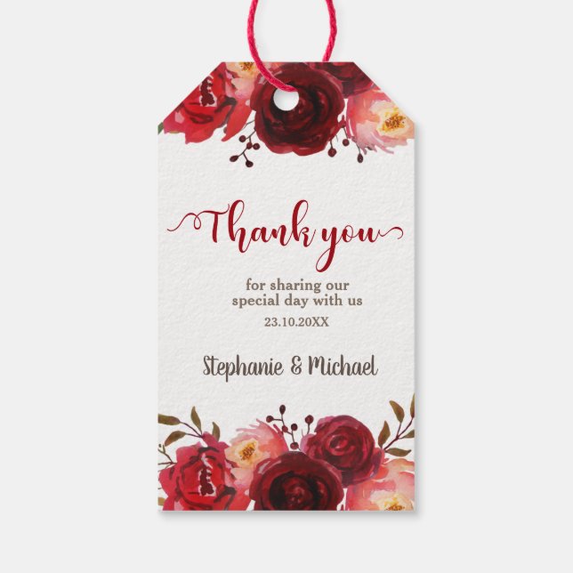 Burgundy Marsala Röd ros Blommigt Bröllop Presentetikett (Baksidan)