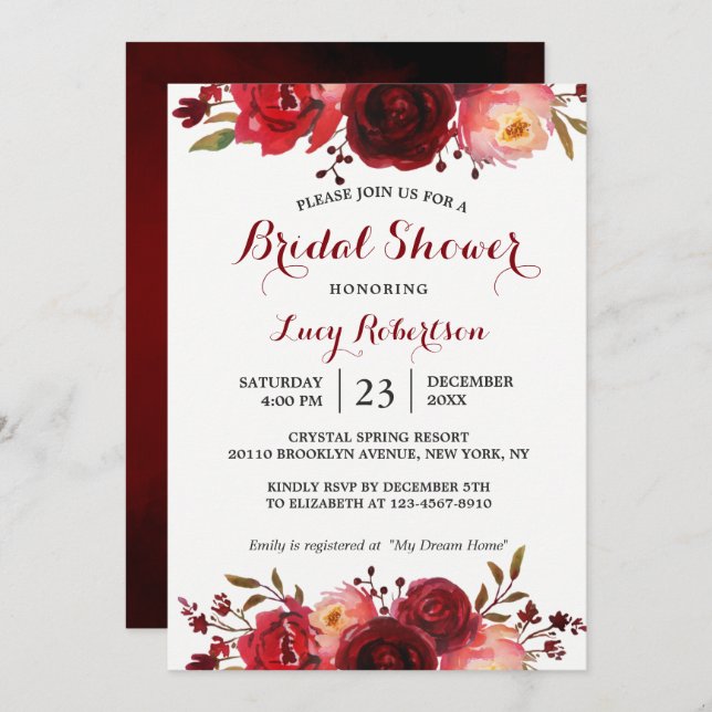 Burgundy Marsala Röd ros Blommigt Möhippa Inbjudningar (Fram/baksida)