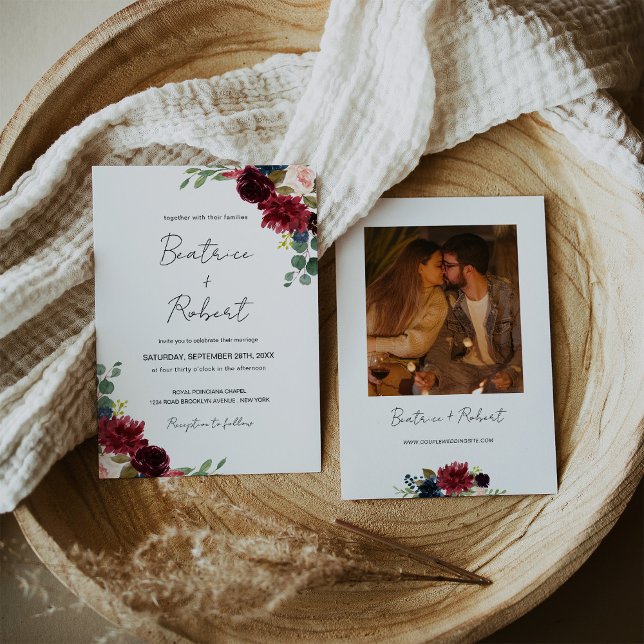 Burgundy Marsala &  Rosa Blommigt Bröllop Photo Inbjudningar (Burgundy Marsala & Blush Pink Floral Wedding Photo Invitation)