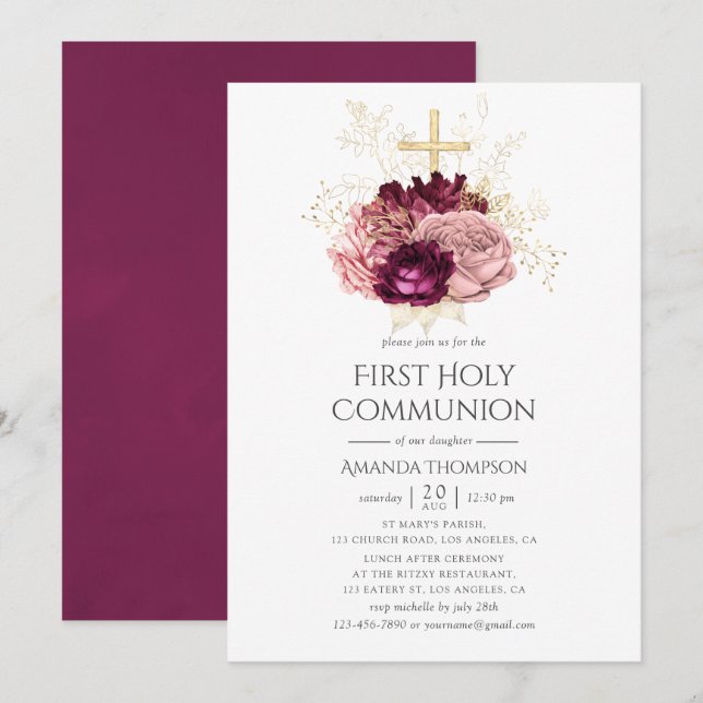 Burgundy Marsala  Rosa & Guld Heliga Communion Inbjudningar (Fram/baksida)