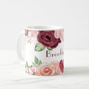 Burgundy/Marsala & rosa pionbukett Kaffemugg