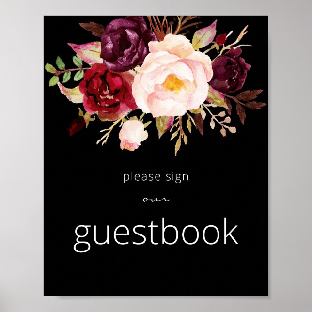 Burgundy Marsala-signera Guestbook Poster svart (Framsidan)