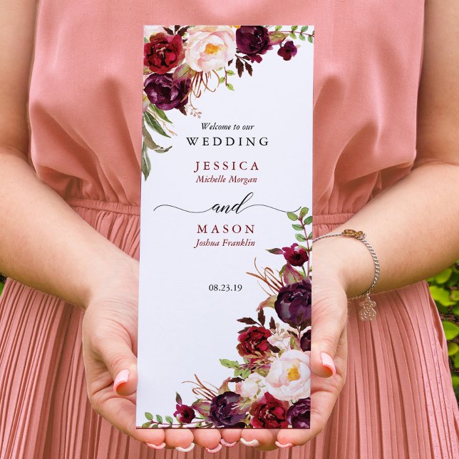 Burgundy Marsala Tri-Fold-Bröllopsprogrammet Reklamblad (Skapare uppladdad)