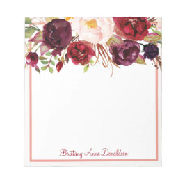 Burgundy Marsala Watercolor Blommigt Personalize Anteckningsblock