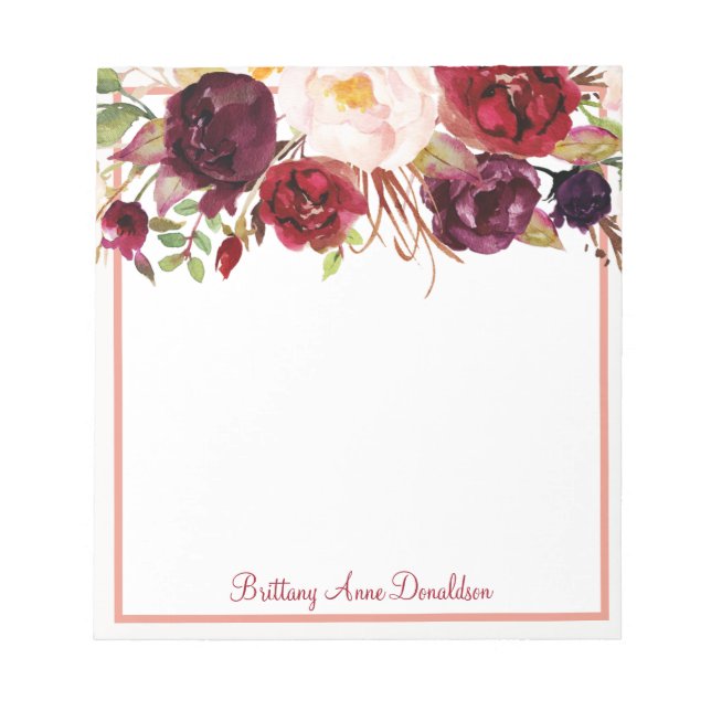 Burgundy Marsala Watercolor Blommigt Personalize Anteckningsblock (Framsida)