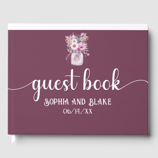 Burgundy Mason Burk med Flowers Bröllop Gästböcker (Framsida)