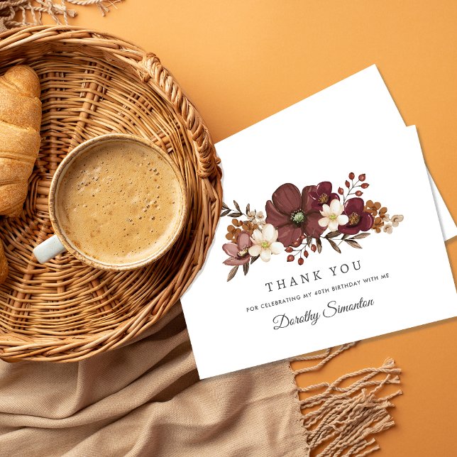 Burgundy Mauve Ivory Fall 40:e födelsedagsstall Tack Kort (Need matching fall  party supplies? Message me!)