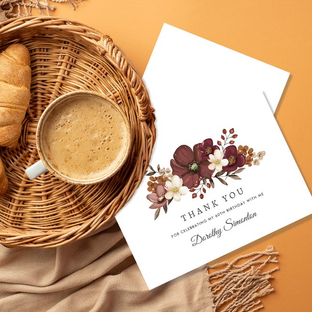 Burgundy Mauve Ivory Fall 60:e födelsedag Tack Kort (Need more matching fall party supplies? Message me!)